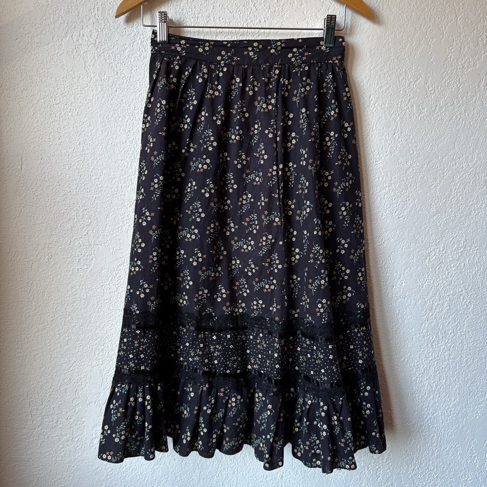 Gunne Sax Black Floral Maxi Skirt